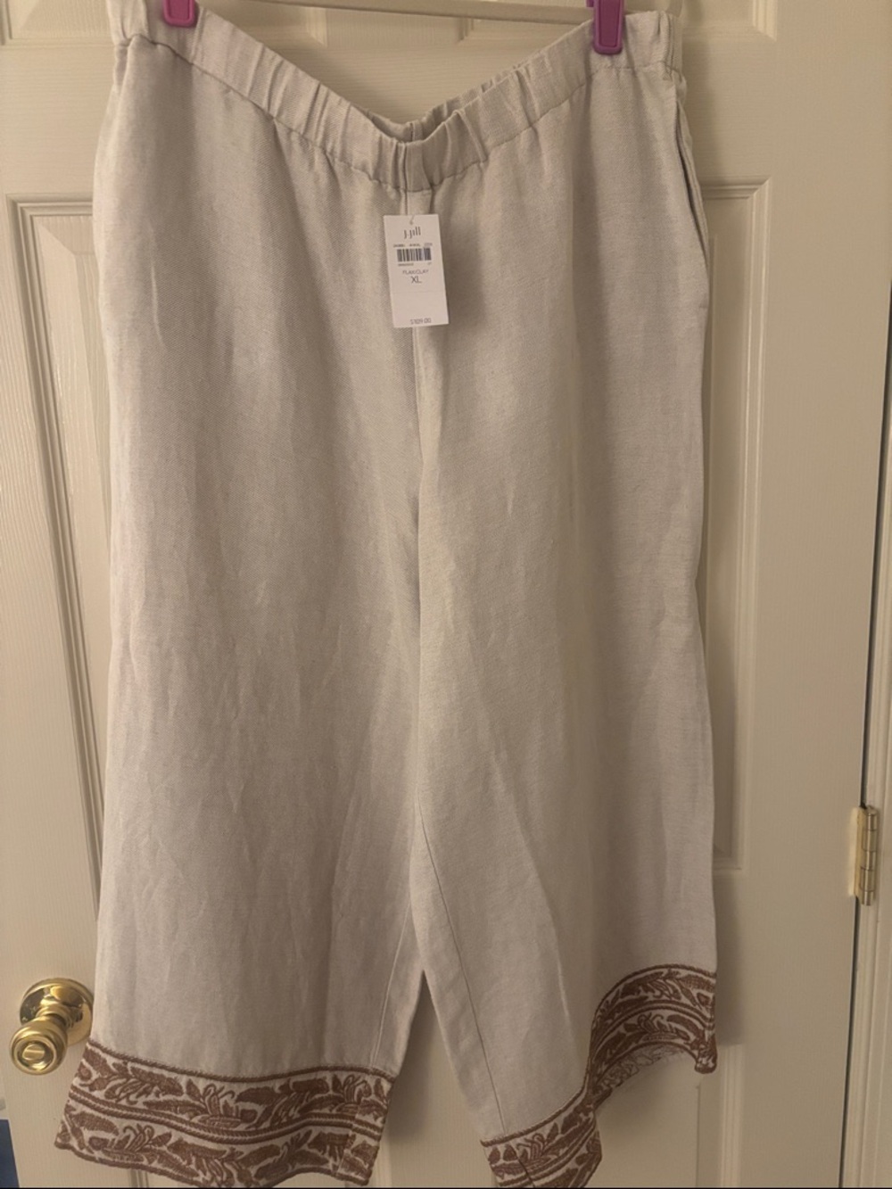 J. Jill Light Flax Tan Flowy Cropped Embroidered Hem Linen Rayon Pants XL